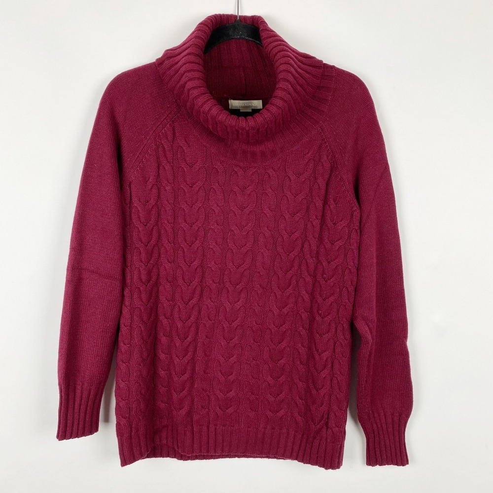 Banana Republic Cable Knit Cowl Neck Wool‎ Cashmere Blend Sweater Womens M Berry